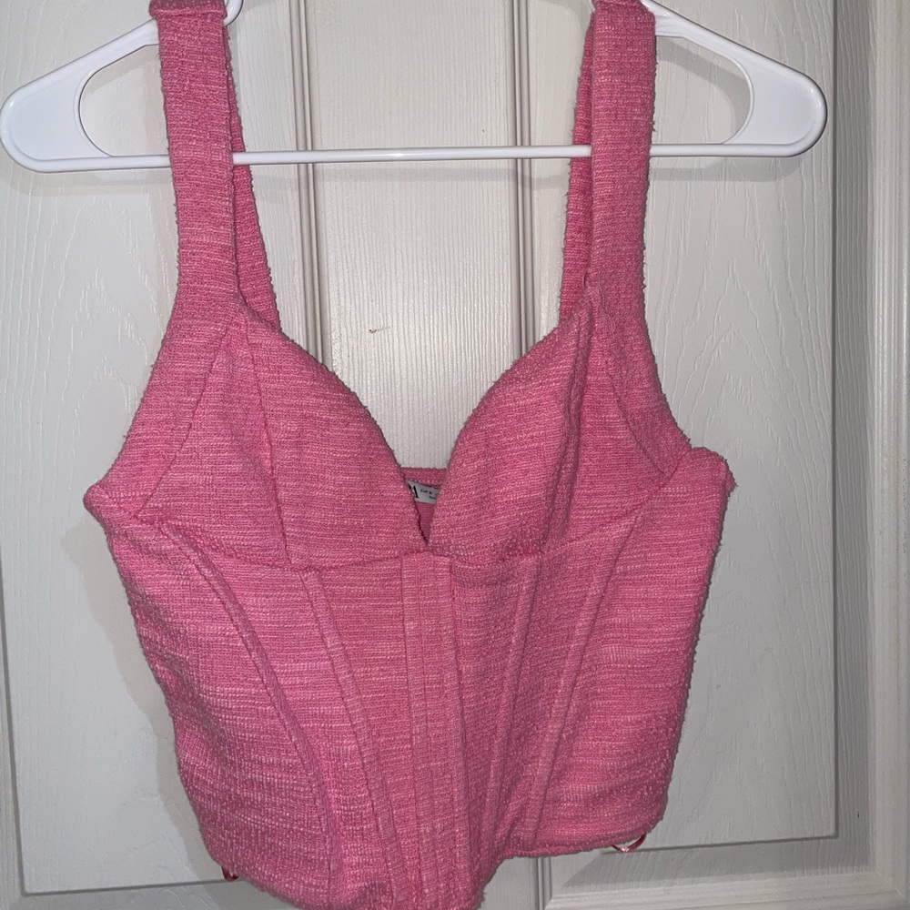 Zara Pink Textured Crop Bustier Top